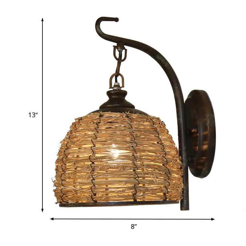 1 Bulb Domed Wall Lighting Japanese Rattan Sconce Light Fixture in Flaxen with Metal Curved Arm