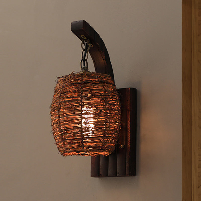 1 Bulb Dining Room Wall Lamp Asian Brown Sconce Light Fixture with Lantern Bamboo Shade