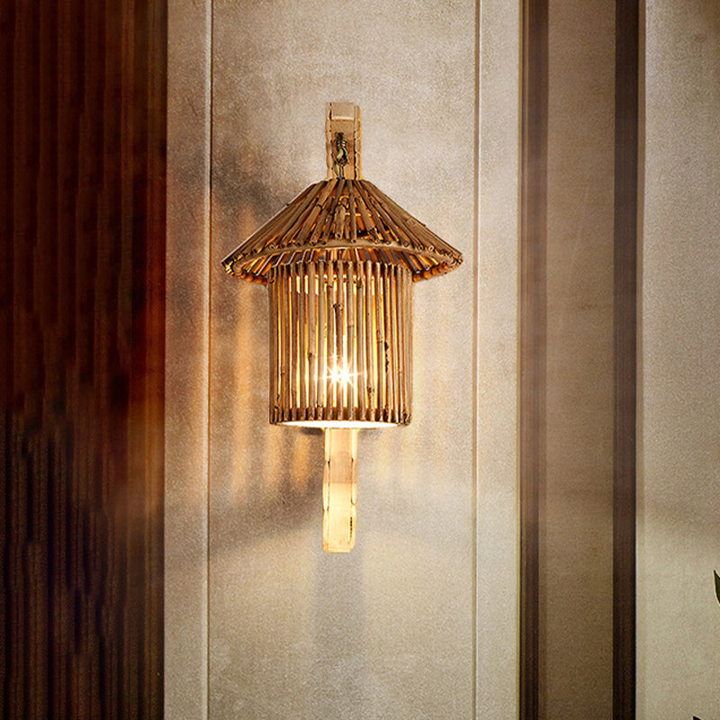 1 Head Restaurant Wall Lamp Asian Wood Sconce Light Fixture with Tower Bamboo Shade