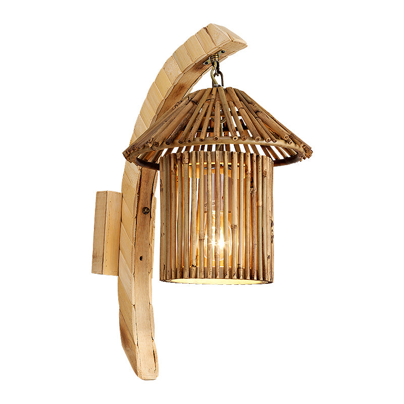 1 Head Restaurant Wall Lamp Asian Wood Sconce Light Fixture with Tower Bamboo Shade