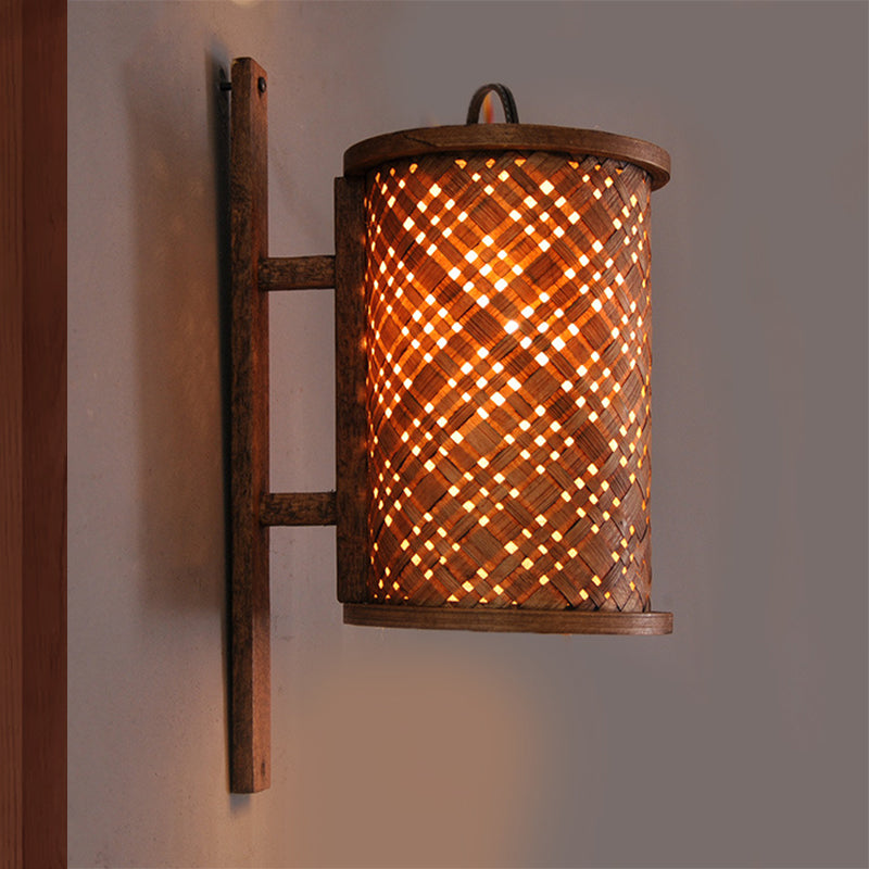 Cylinder Wall Lighting Asian Bamboo 1 Bulb Brown Sconce Light Fixture with Rectangle Backplate