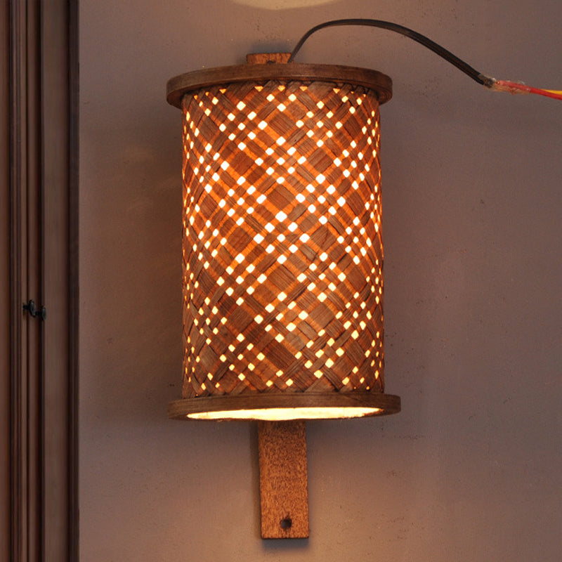 Cylinder Wall Lighting Asian Bamboo 1 Bulb Brown Sconce Light Fixture with Rectangle Backplate