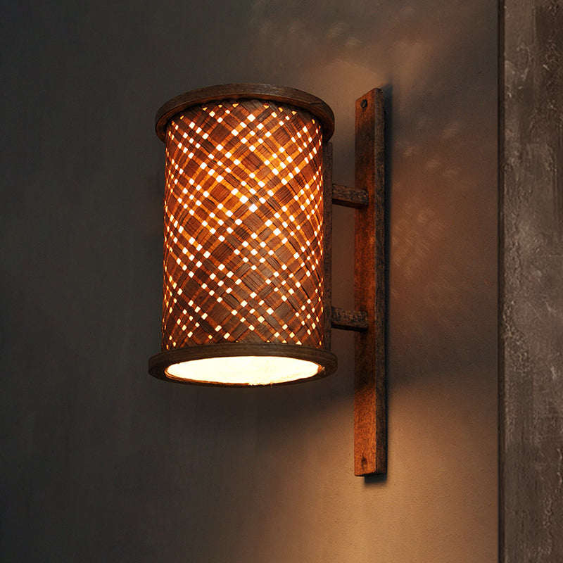 Cylinder Wall Lighting Asian Bamboo 1 Bulb Brown Sconce Light Fixture with Rectangle Backplate
