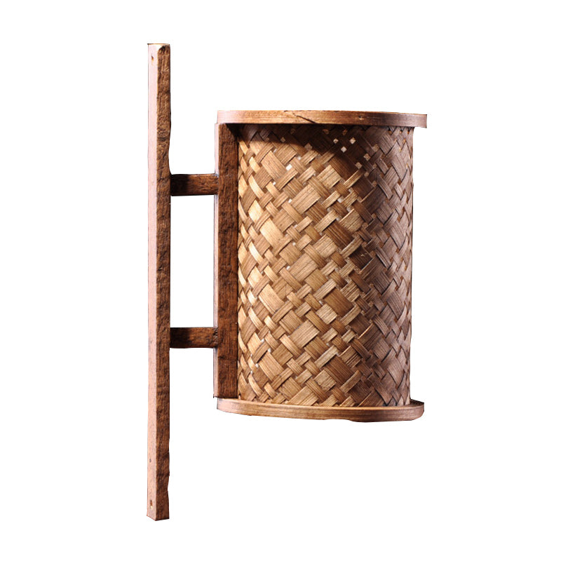 Cylinder Wall Lighting Asian Bamboo 1 Bulb Brown Sconce Light Fixture with Rectangle Backplate