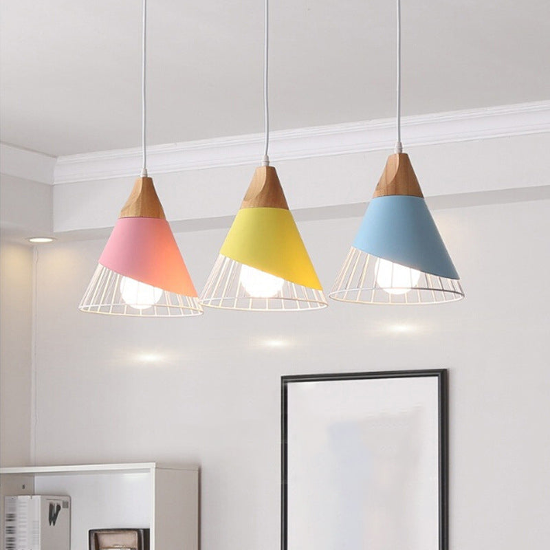 Pendante à poignée en bois, éclairage pendentif à 1 lumière macaroon à 1 lumière avec cage