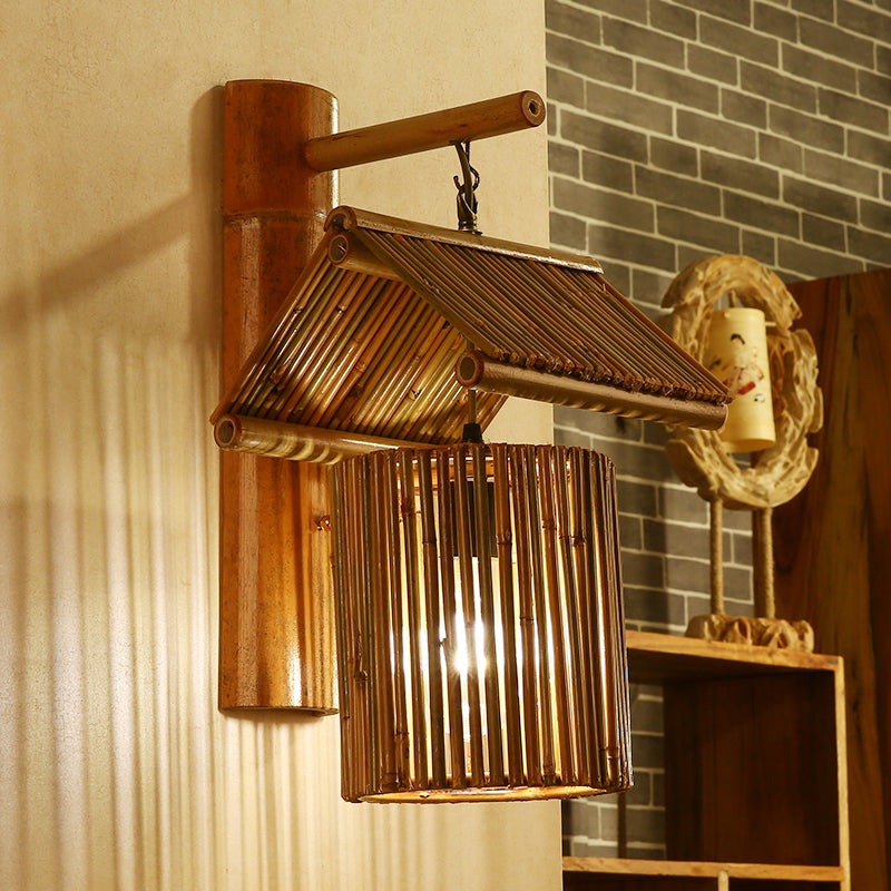 1 Lampenhaus-Lobhungleuchte asiatische Bambuswandlampe in dunklem Kaffee/Khaki mit Halbzylinder-Rückplatte