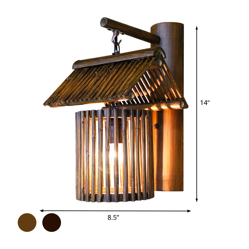 1 Bulb House Sconce Light Asian Bamboo Wall Mounted Lamp in Dark Coffee/Khaki with Half-Cylinder Backplate