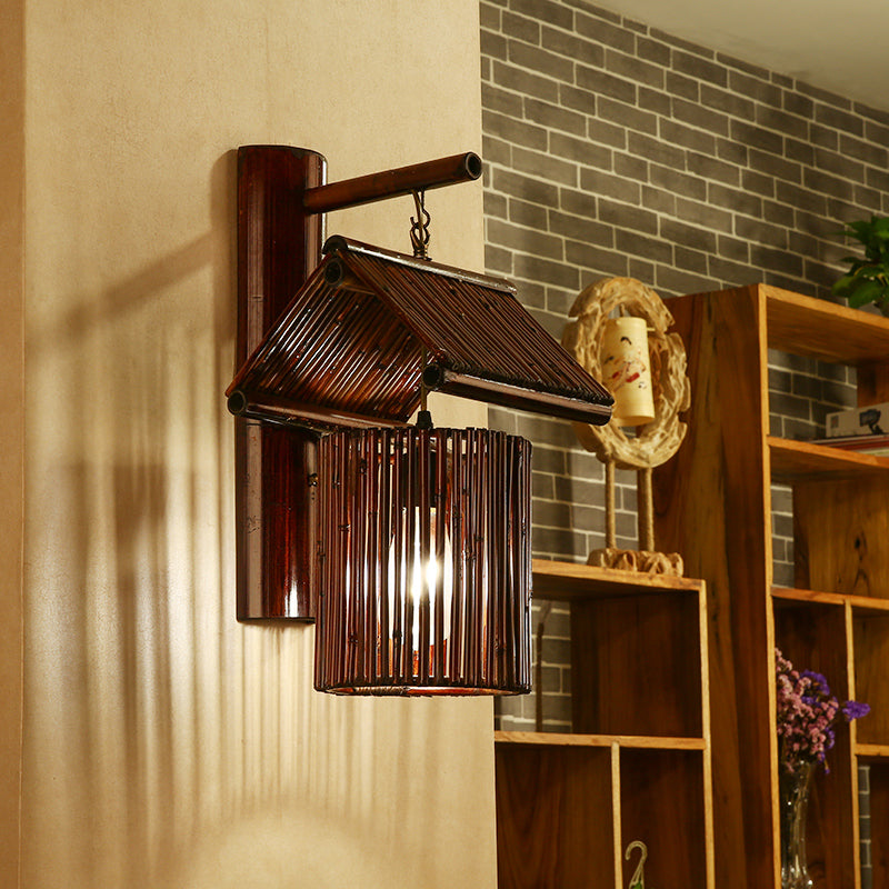 1 Bulb House Sconce Light Asian Bamboo Wall Mounted Lamp in Dark Coffee/Khaki with Half-Cylinder Backplate