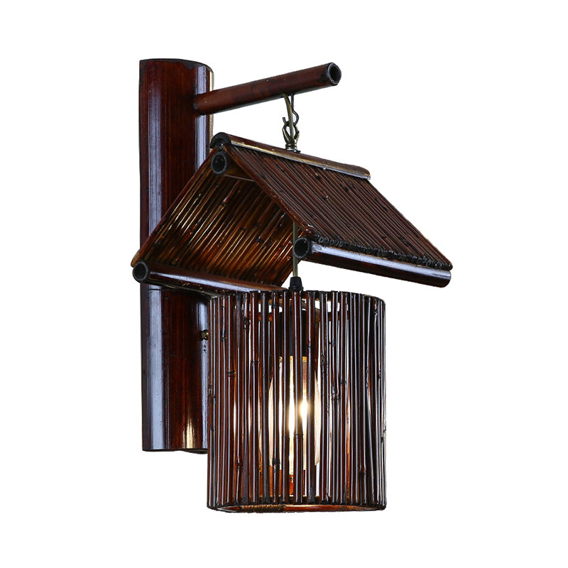 1 Bulb House Sconce Light Asian Bamboo Wall Mounted Lamp in Dark Coffee/Khaki with Half-Cylinder Backplate