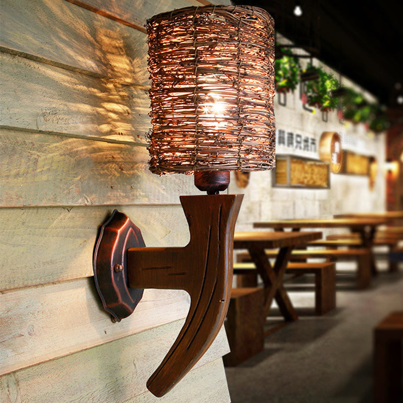 Armed Wood Wall Lamp Chinese 1 Bulb Brown Sconce Light Fixture with Cylinder Rattan Shade