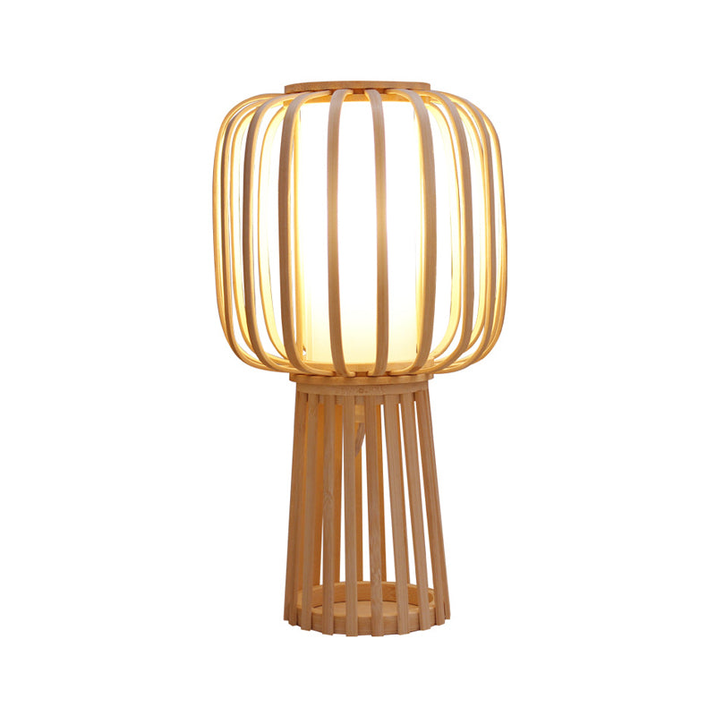 Asia Drum Task Lamp Bamboe 1-lamps bureaulamp van hout met witte binnenbuis van perkamenten kap