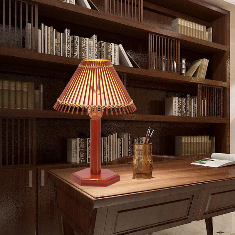 Lampe de bureau en bambou trompette asiatique, 1 ampoule, éclairage de travail rouge marron avec base en bois hexagonale