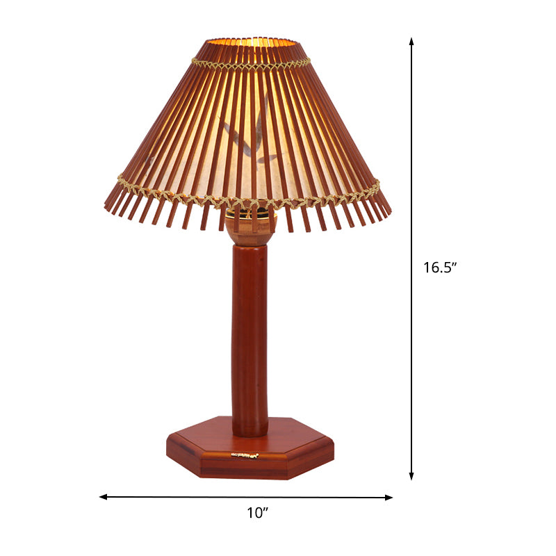 Lampe de bureau en bambou trompette asiatique, 1 ampoule, éclairage de travail rouge marron avec base en bois hexagonale
