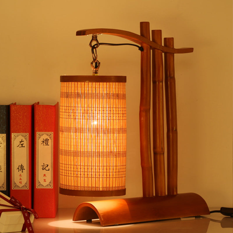 Lampada da scrivania a botte di bambù cinese 1 compito marrone rosso con base a metà cilindro