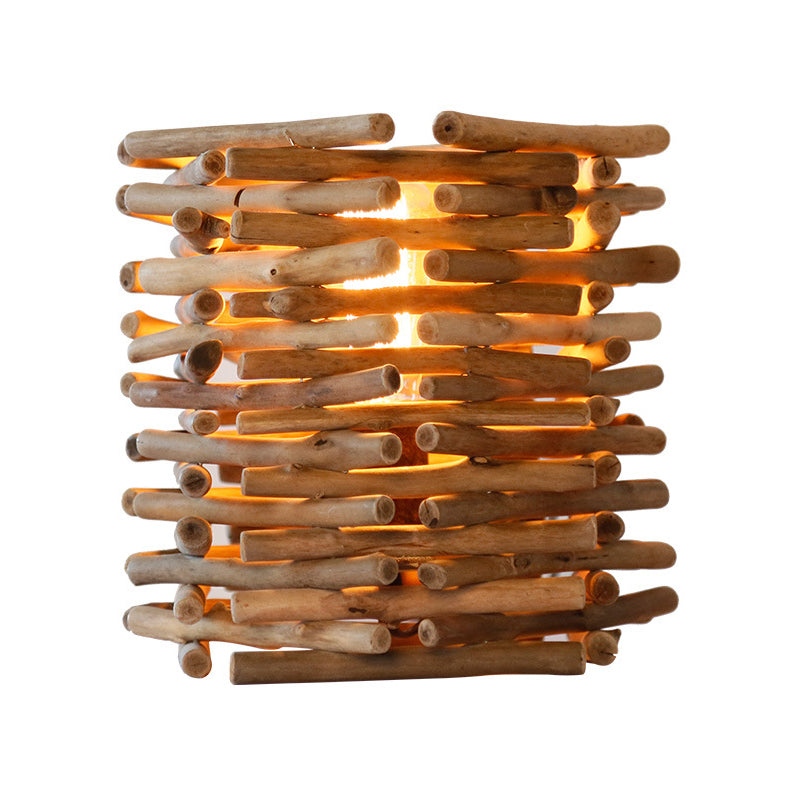 Lampada da scrivania piccola cilindrica in legno Asia con 1 lampadina, illuminazione da lavoro marrone per camera da letto, larghezza 8"/10".