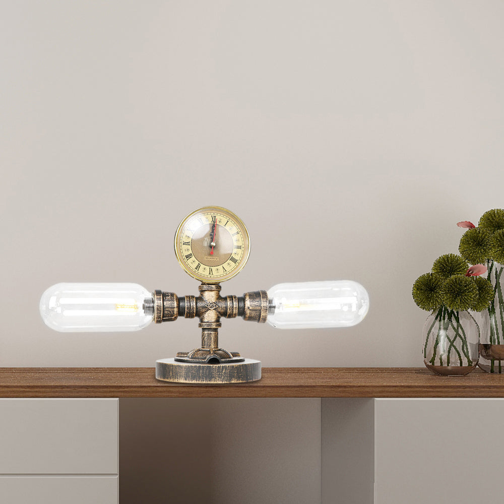 Industrial Oval Shade Desk Light 2-Bulb Clear/Bamernglas Tischlampe in gealterter Bronze für Wohnzimmer