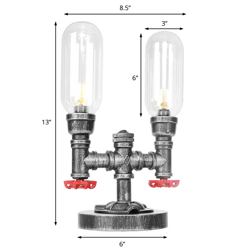 Lámpara de escritorio industrial de 2 luces con pantalla de cápsula de luz de mesa plateada antigua de vidrio transparente/ámbar para sala de estar