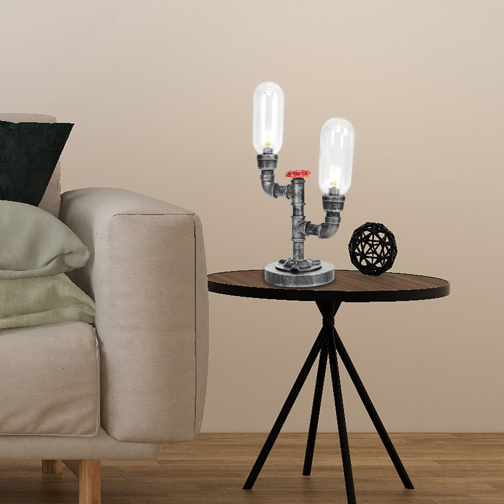 Lámpara de escritorio industrial de 2 luces con pantalla de cápsula de luz de mesa plateada antigua de vidrio transparente/ámbar para sala de estar