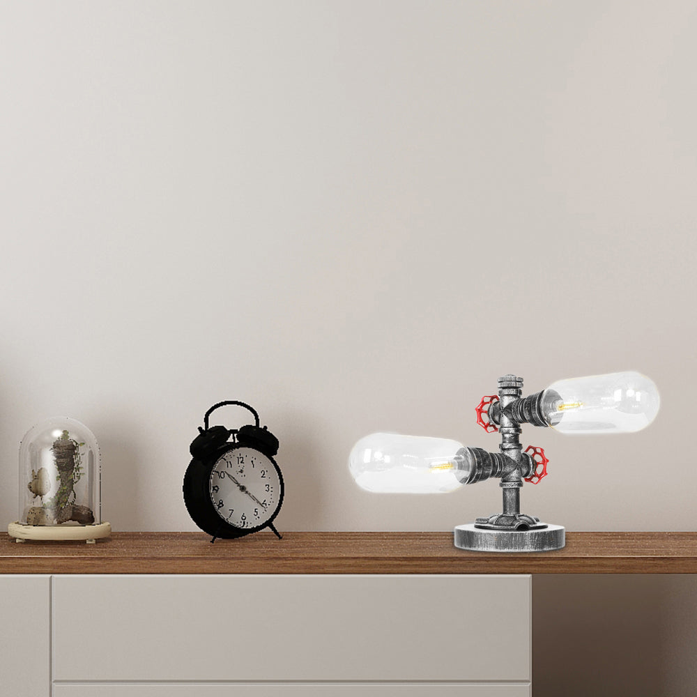 Lámpara de escritorio industrial de 2 luces con pantalla de cápsula de luz de mesa plateada antigua de vidrio transparente/ámbar para sala de estar
