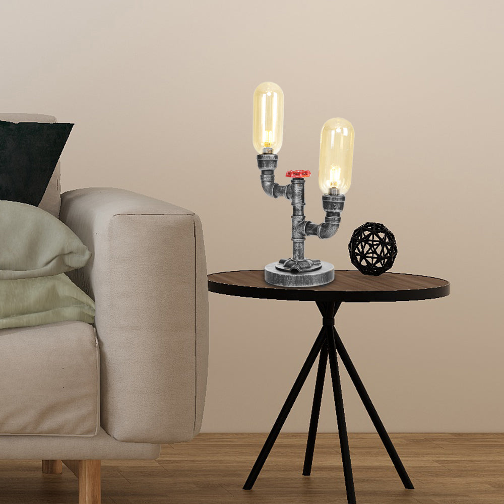 Lámpara de escritorio industrial de 2 luces con pantalla de cápsula de luz de mesa plateada antigua de vidrio transparente/ámbar para sala de estar