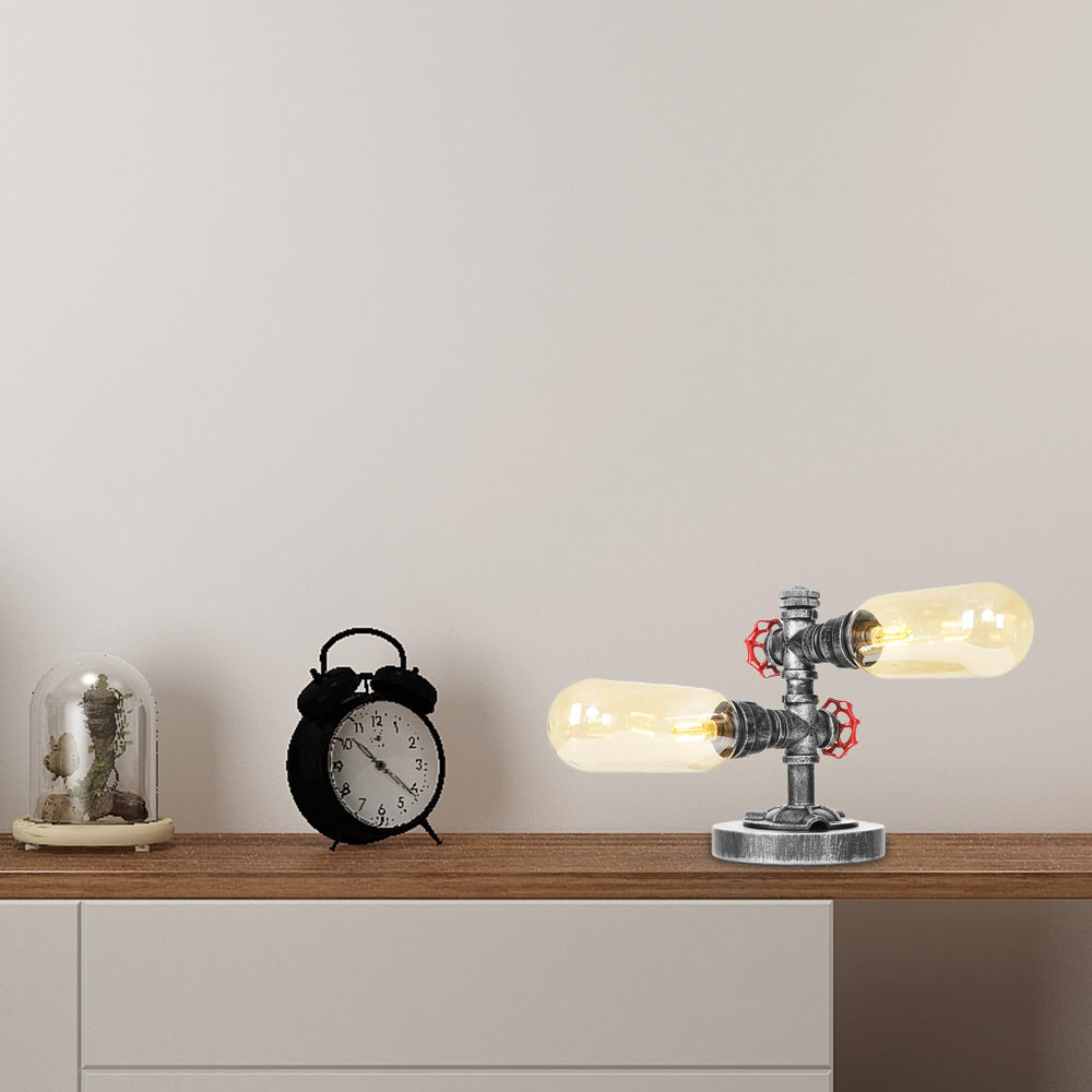Lámpara de escritorio industrial de 2 luces con pantalla de cápsula de luz de mesa plateada antigua de vidrio transparente/ámbar para sala de estar