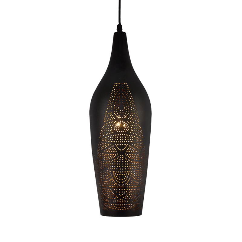 Carved Pendant Lighting Decorative Metal 1 Bulb Ceiling Suspension Lamp in Black