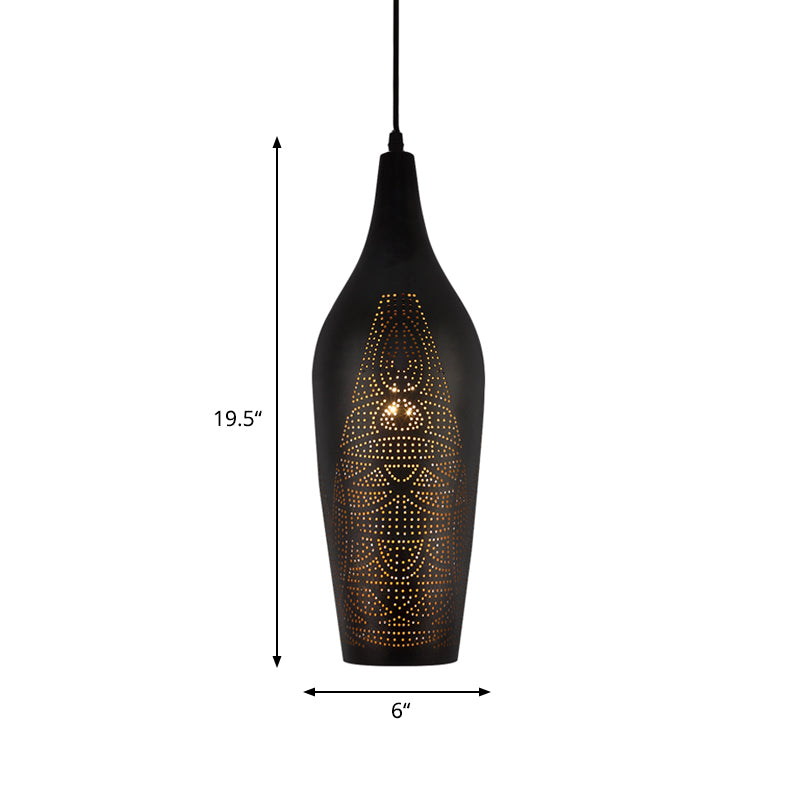 Carved Pendant Lighting Decorative Metal 1 Bulb Ceiling Suspension Lamp in Black