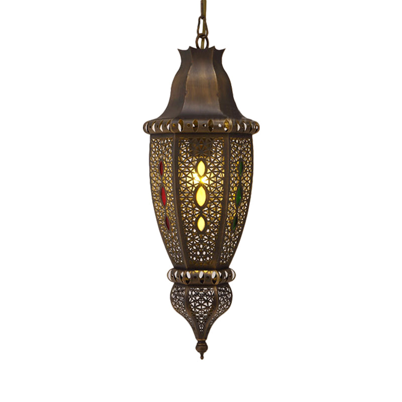1 Bulb Carved Pendant Lighting Decorative Metal Ceiling Suspension Lamp in Bronze