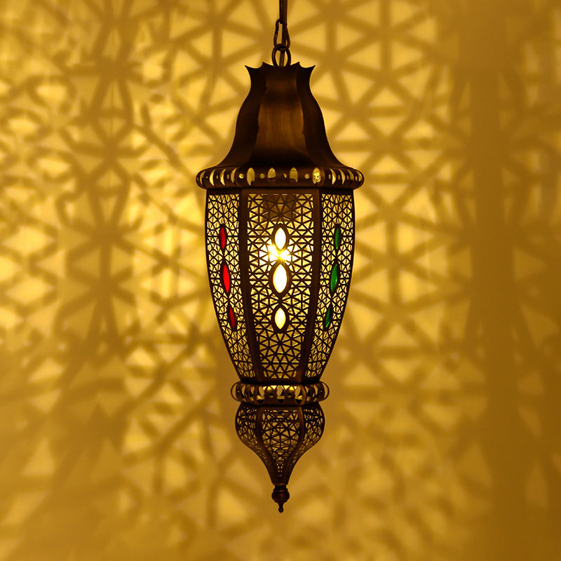 1 Bulb Carved Pendant Lighting Decorative Metal Ceiling Suspension Lamp in Bronze