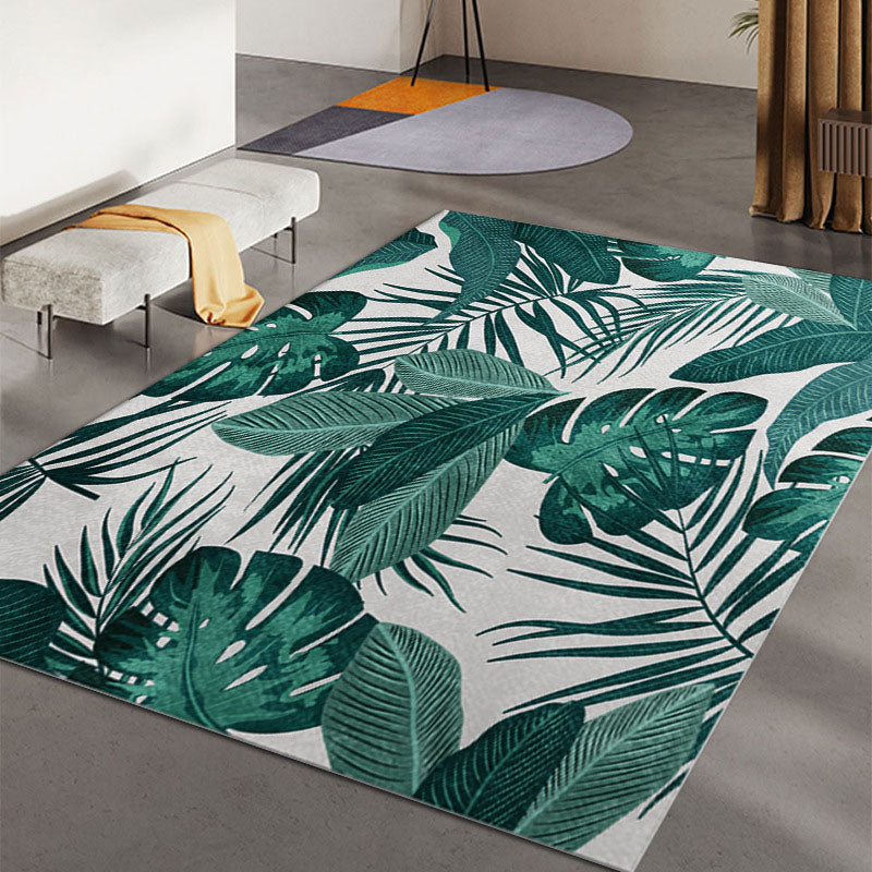 Green Living Room Area Carpet Leaf Pattern Polyester Rug Anti-Slip Backing Area Rug
