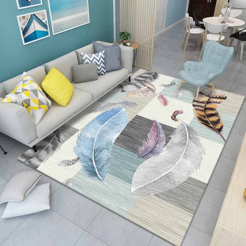 Grey Modern Carpet Feather Print Polyester Area Rug Anti-Slip Washable Rug for Living Room