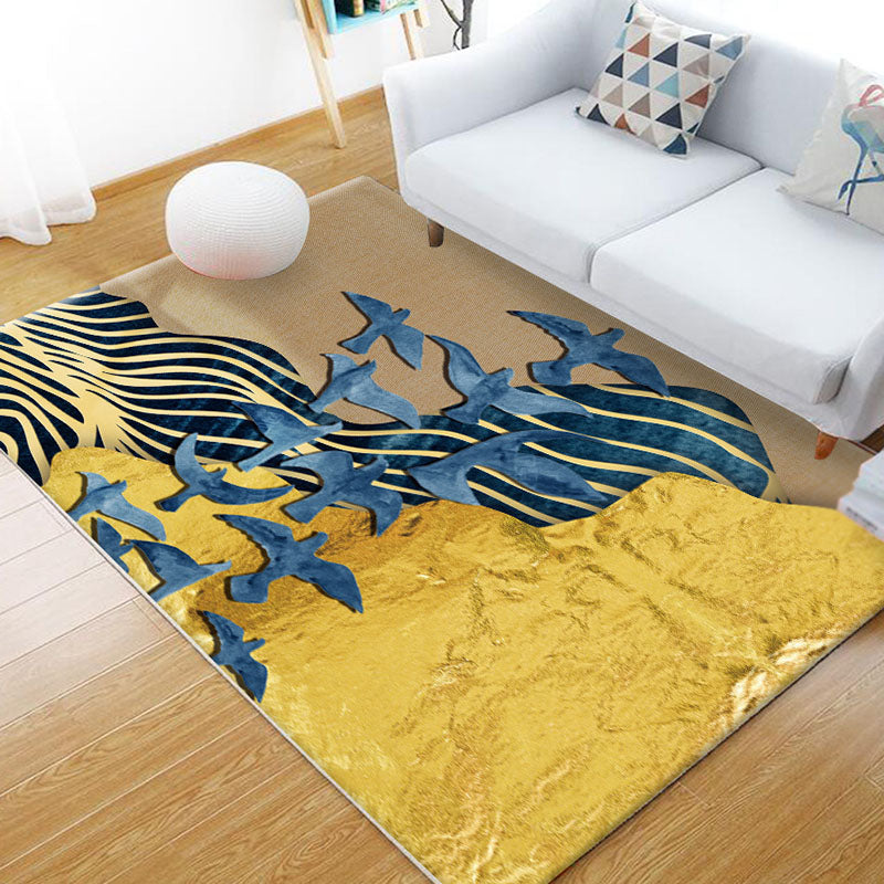 Modern Color Block Area Carpet Blue Polyester Area Rug Anti-Slip Easy Care Rug for Home Decor