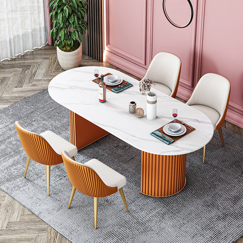 Glam Sintered Stone Top Kitchen Dining Table Oval Standard Dining Table with Double Pedestal Bases