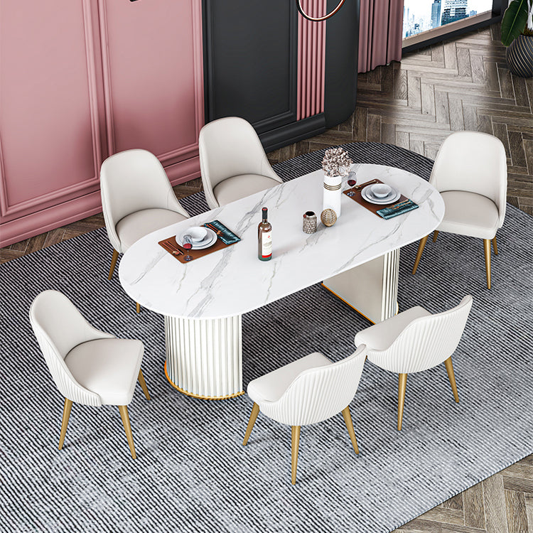 Glam Sintered Stone Top Kitchen Dining Table Oval Standard Dining Table with Double Pedestal Bases