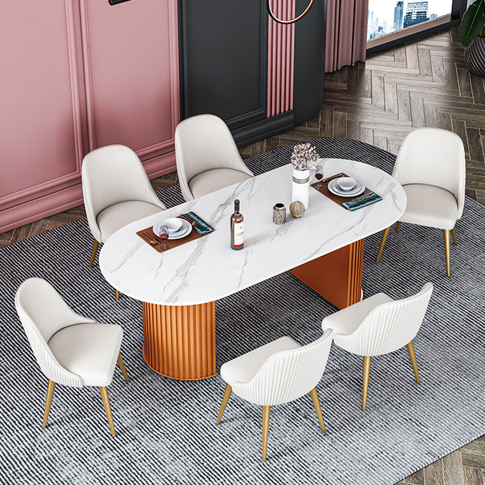 Glam Sintered Stone Top Kitchen Dining Table Oval Standard Dining Table with Double Pedestal Bases