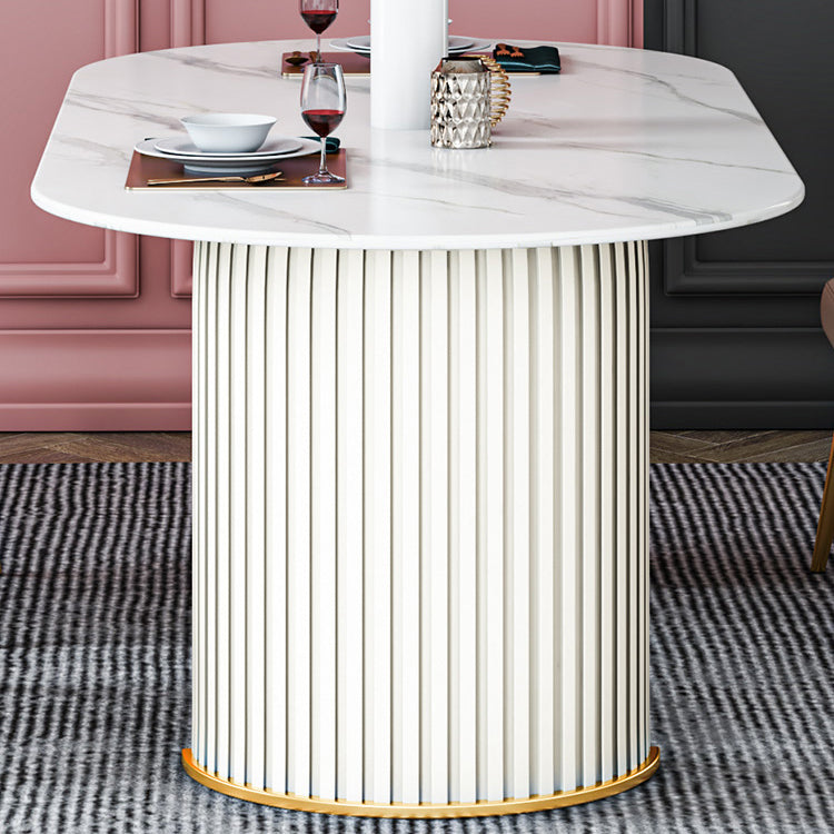 Glam Sintered Stone Top Kitchen Dining Table Oval Standard Dining Table with Double Pedestal Bases