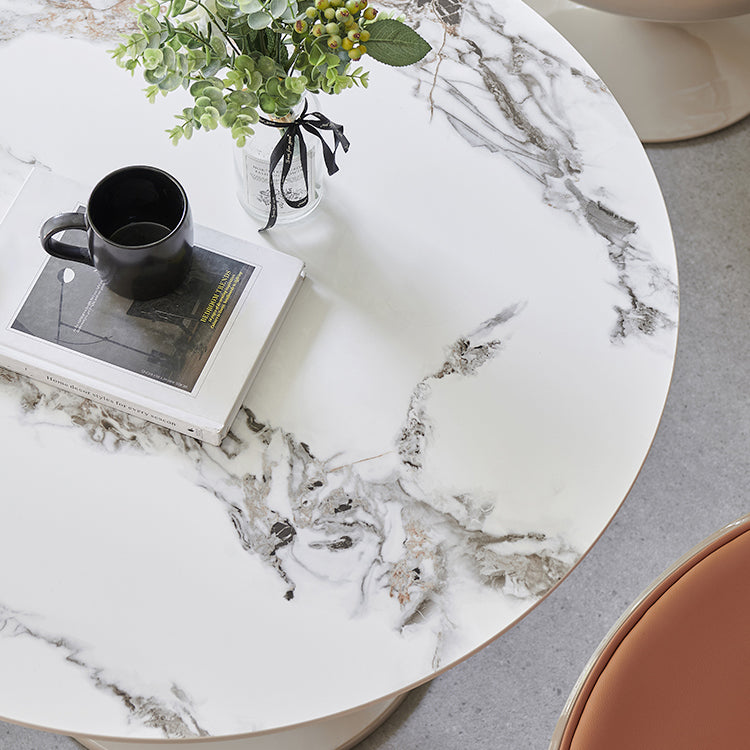 Round Shape White Dining Table Sintered Stone Table Modern with Tulip Base
