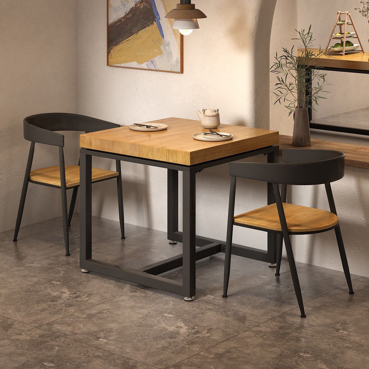 Mesa de comedor industrial de madera maciza, mesa cuadrada con base de caballete para comedor
