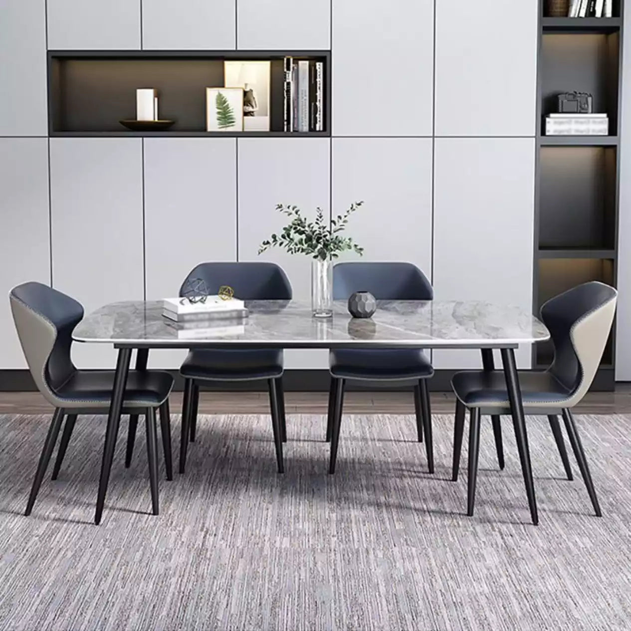 Contemporary Rectangle Dining Table Grey Sintered Stone Dining Table with 4 Black Legs