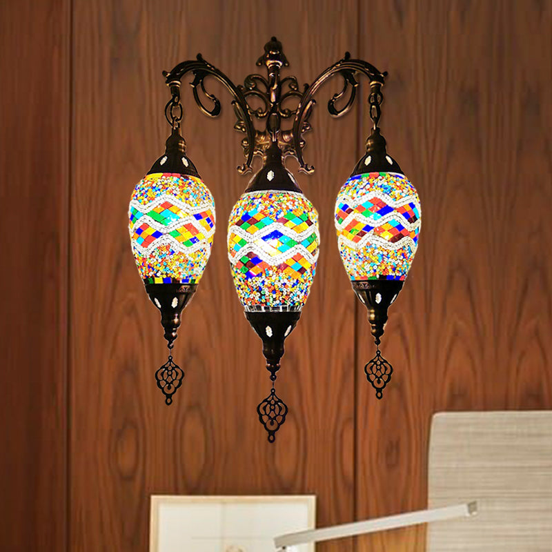 Stained Glass Yellow/Orange/Blue Wall Mount Light Oval 3 Lights Vintage Sconce Light Fixture
