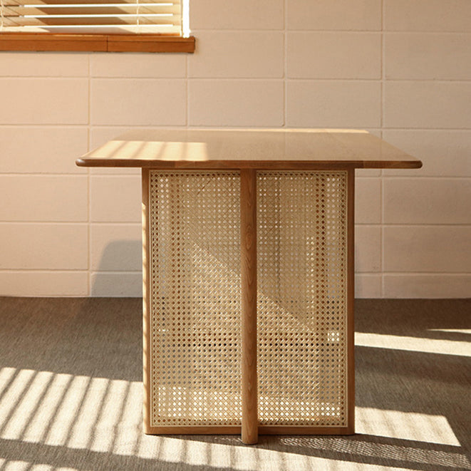 Rectangle Wooden Table Modern Red Oak Table in Nature with Double Pedestal