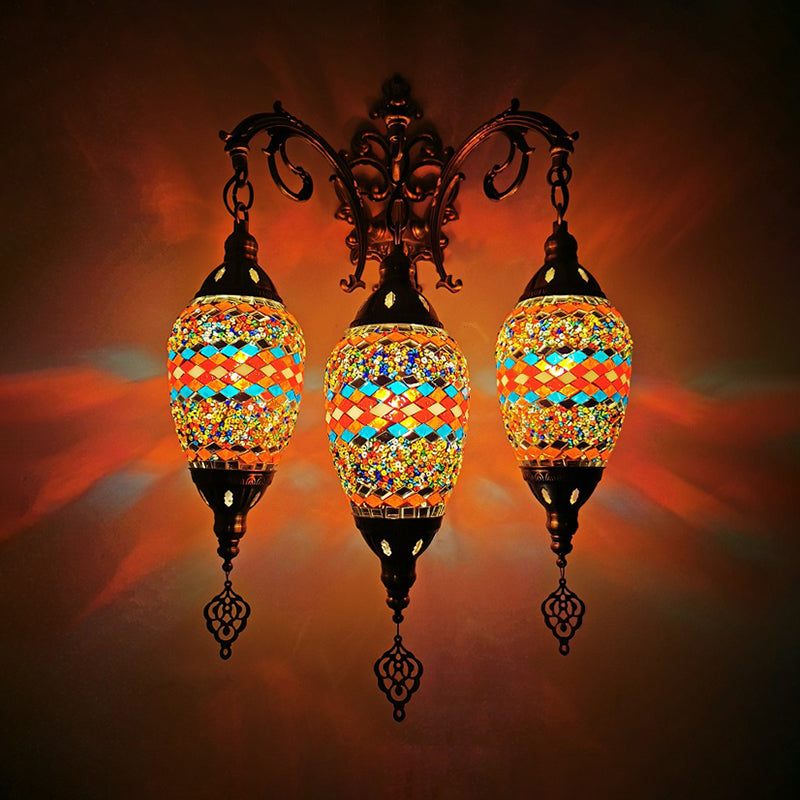 Stained Glass Yellow/Orange/Blue Wall Mount Light Oval 3 Lights Vintage Sconce Light Fixture