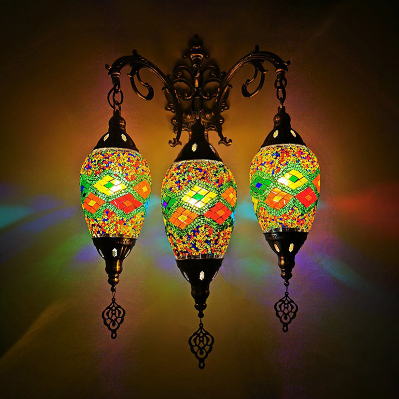 Stained Glass Yellow/Orange/Blue Wall Mount Light Oval 3 Lights Vintage Sconce Light Fixture