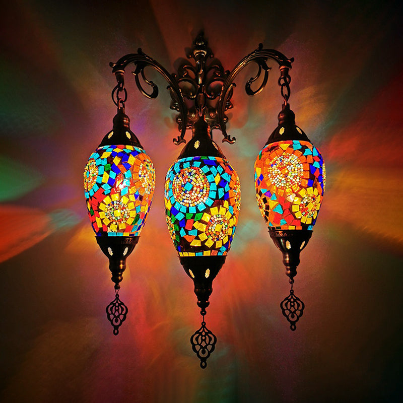 Stained Glass Yellow/Orange/Blue Wall Mount Light Oval 3 Lights Vintage Sconce Light Fixture