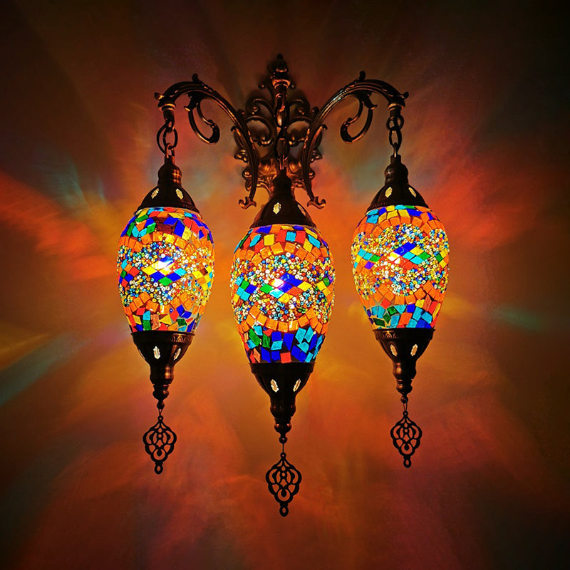 Stained Glass Yellow/Orange/Blue Wall Mount Light Oval 3 Lights Vintage Sconce Light Fixture