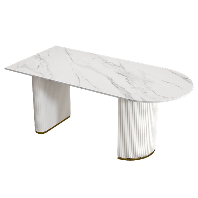 Mesa de forma de comedor de piedra sinterizada de estilo contemporáneo con base de doble pedestal