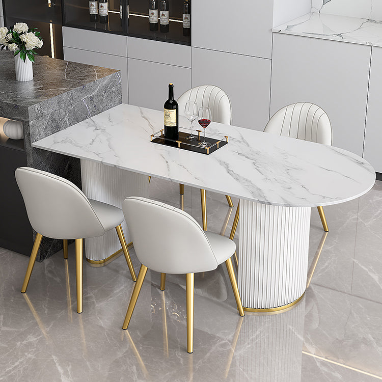 Mesa de forma de comedor de piedra sinterizada de estilo contemporáneo con base de doble pedestal