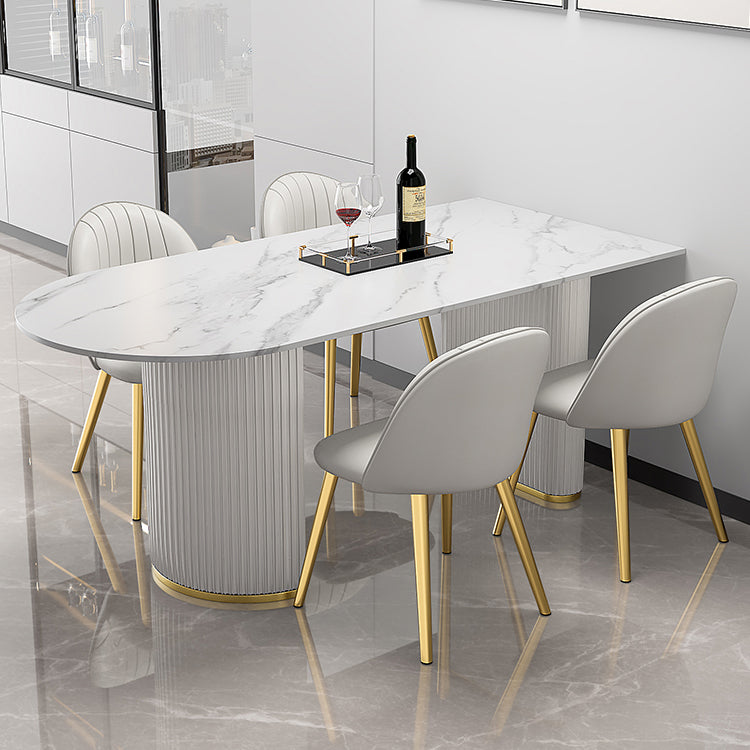 Mesa de forma de comedor de piedra sinterizada de estilo contemporáneo con base de doble pedestal