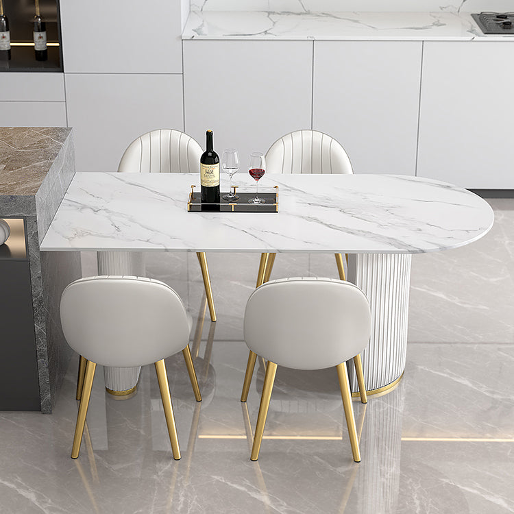 Mesa de forma de comedor de piedra sinterizada de estilo contemporáneo con base de doble pedestal