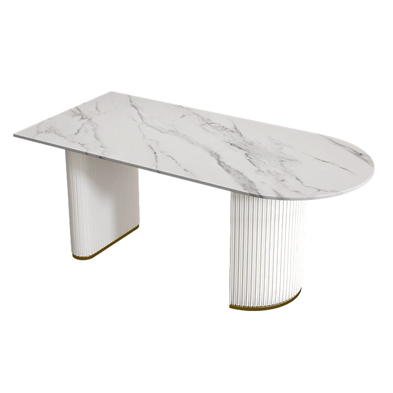 Mesa de forma de comedor de piedra sinterizada de estilo contemporáneo con base de doble pedestal